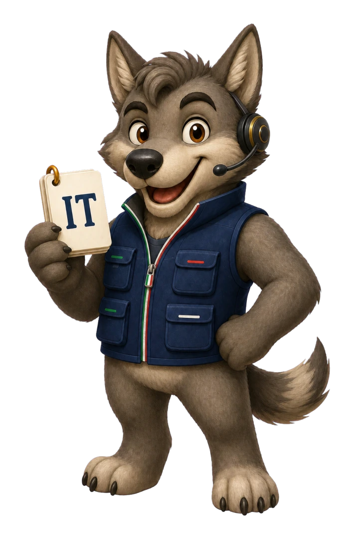 Italian wolf field linguist with a headset and an IT flashcard